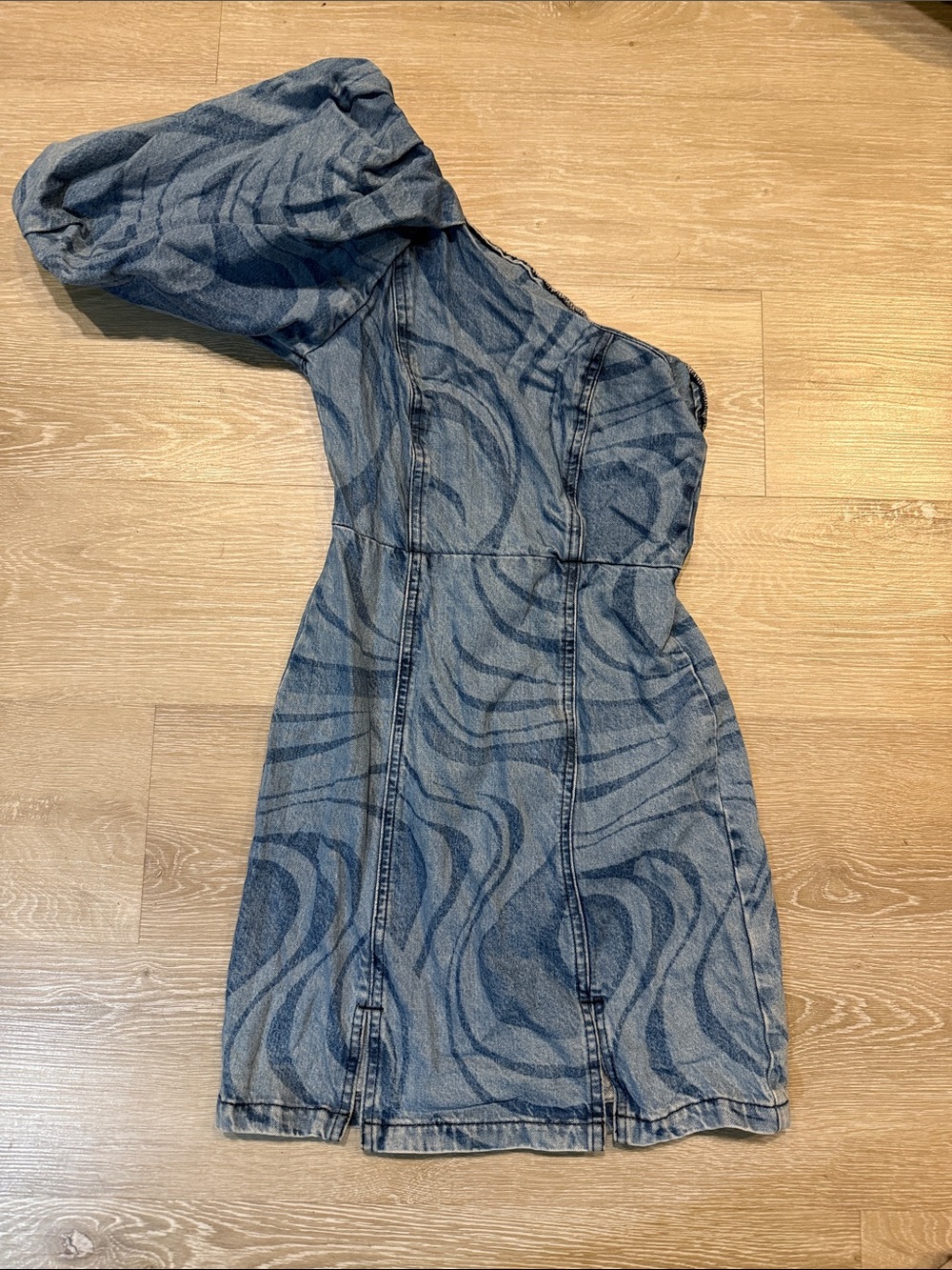 ASOS One-Shoulder Puff Sleeve Denim Dress in Blue Swirl
